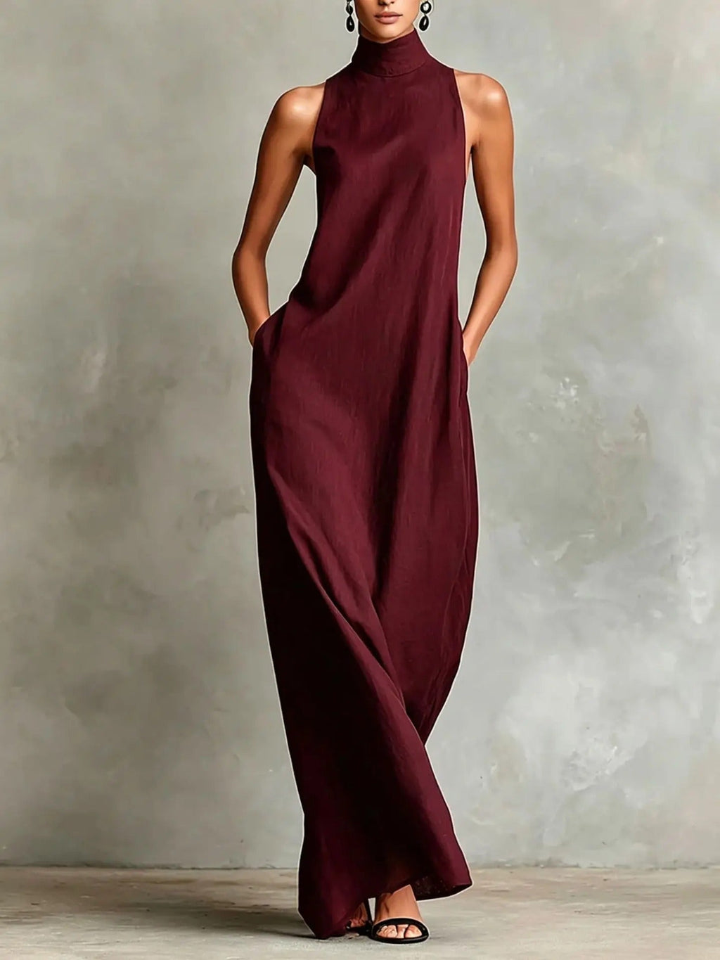 Marina Vestido Largo Holgado sin Mangas con Cuello Alto