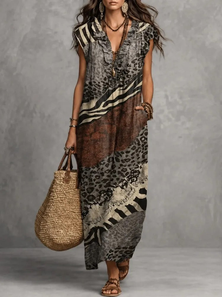 Sabina Vestido Maxi Bohemio con Estampado Animal y Volantes