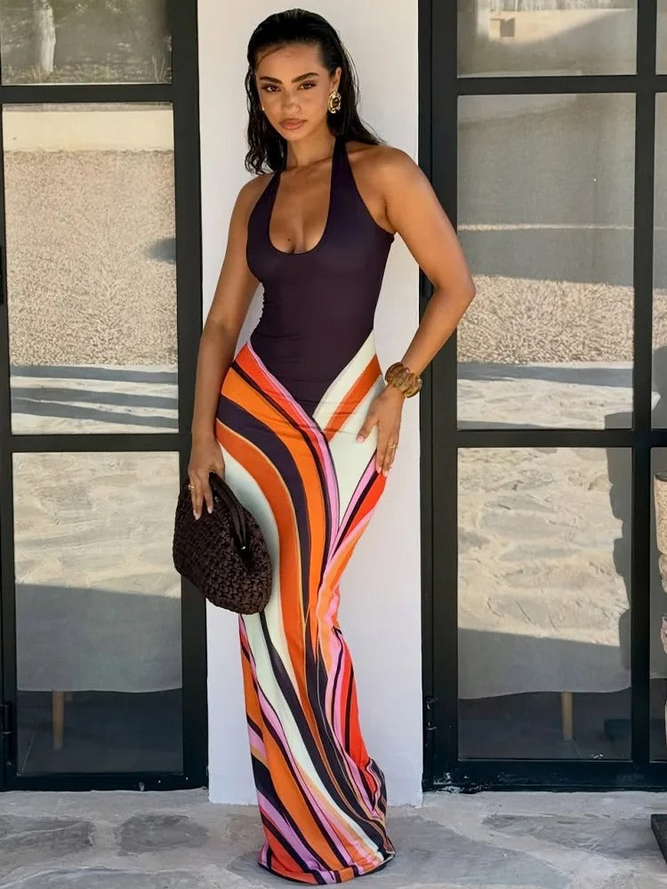 Samira Vestido Maxi Halter con Estampado Geométrico