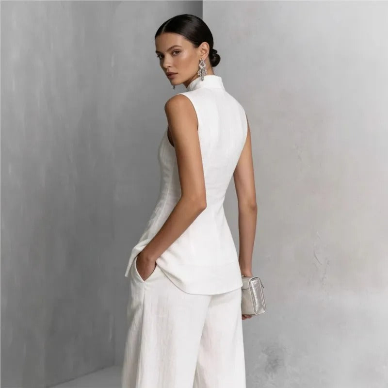 Celia Conjunto Elegante con Top sin Mangas y Pantalón de Cintura Alta