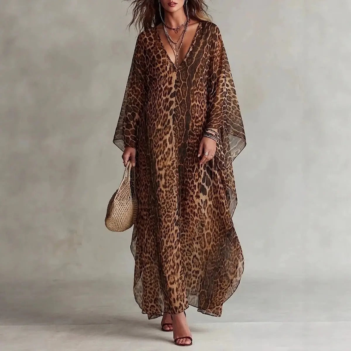 Sabina Vestido Kaftán Largo con Estampado Animal