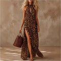 Valeria Vestido Maxi Halter con Estampado Leopardo y Abertura