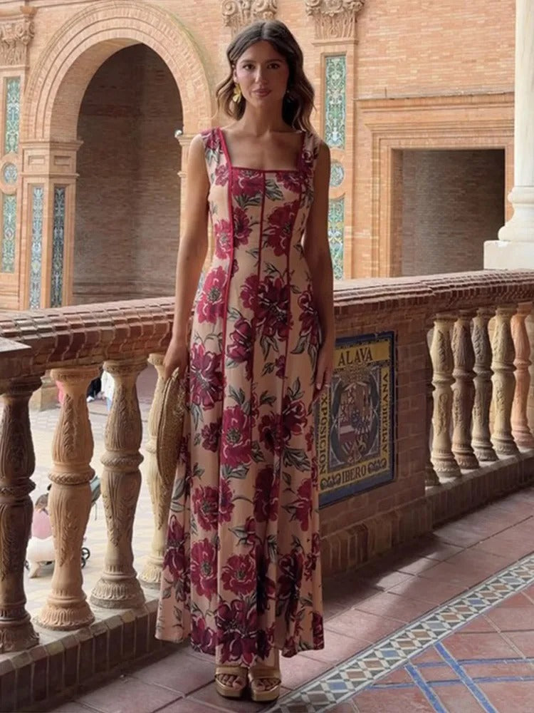 Valeria Vestido Maxi Floral con Escote Cuadrado