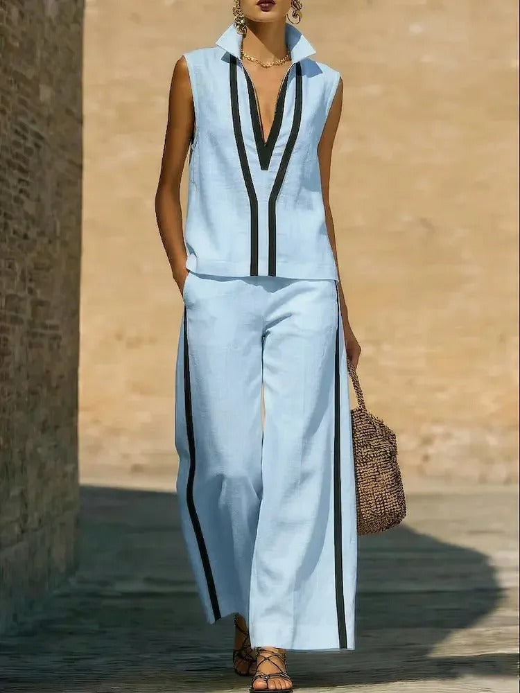 Blanca Conjunto de Lino Bicolor con Top de Cuello en V y Pantalón Ancho
