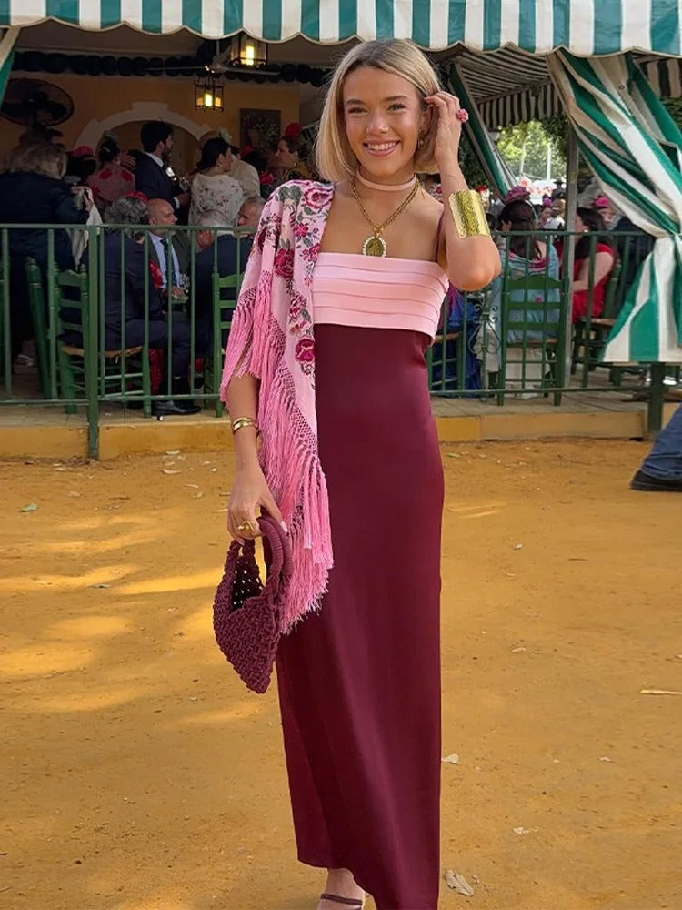 Martina Vestido Maxi Bicolor Palabra de Honor con Detalle Plisado