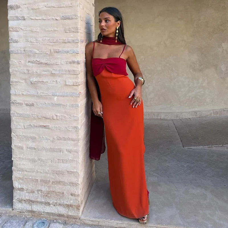 Lucía Vestido Maxi Bicolor con Tirantes y Detalle de Lazo