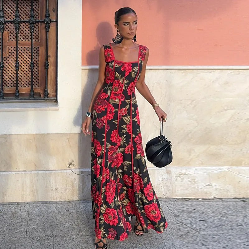 Valeria Vestido Maxi Floral con Escote Cuadrado