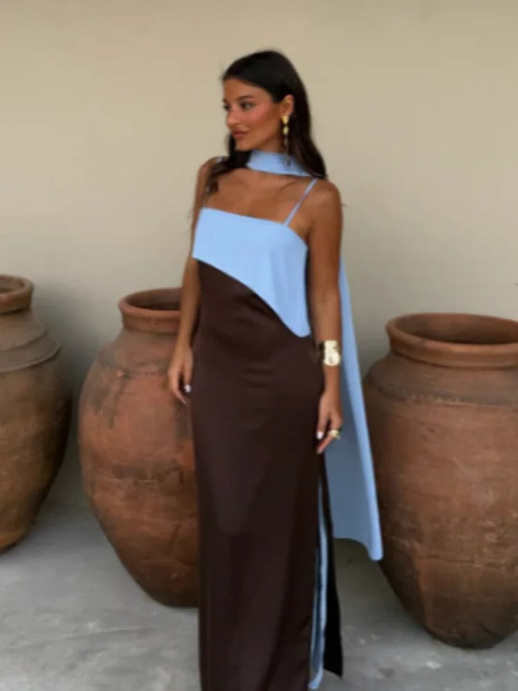 Naia Vestido Maxi Bicolor con Pañuelo
