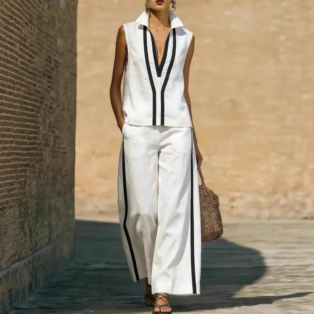 Blanca Conjunto de Lino Bicolor con Top de Cuello en V y Pantalón Ancho