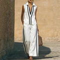 Blanca Conjunto de Lino Bicolor con Top de Cuello en V y Pantalón Ancho