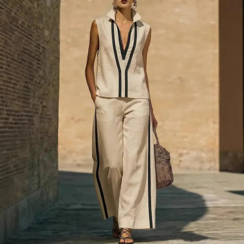 Blanca Conjunto de Lino Bicolor con Top de Cuello en V y Pantalón Ancho