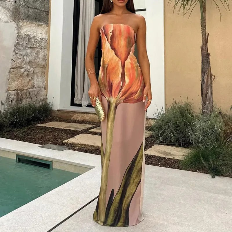 Aurelia Vestido Maxi Palabra de Honor con Estampado Artístico