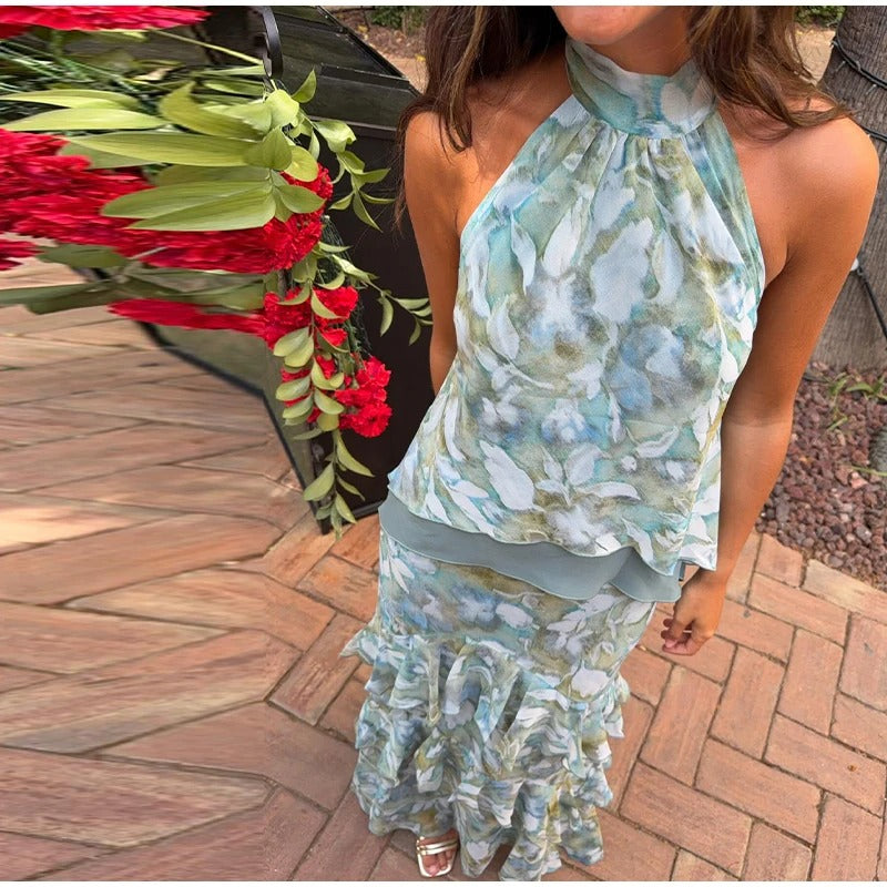 Elora Vestido Maxi Floral con Cuello Halter y Volantes