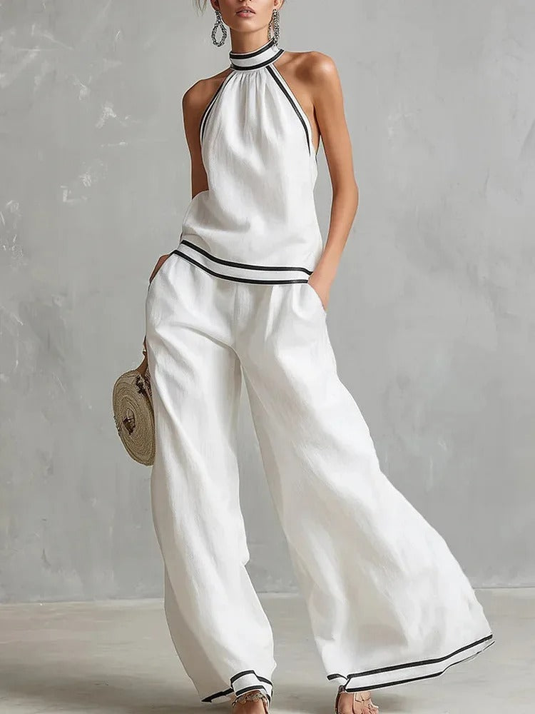 Blanca Conjunto de Dos Piezas con Top Halter y Pantalón Palazzo