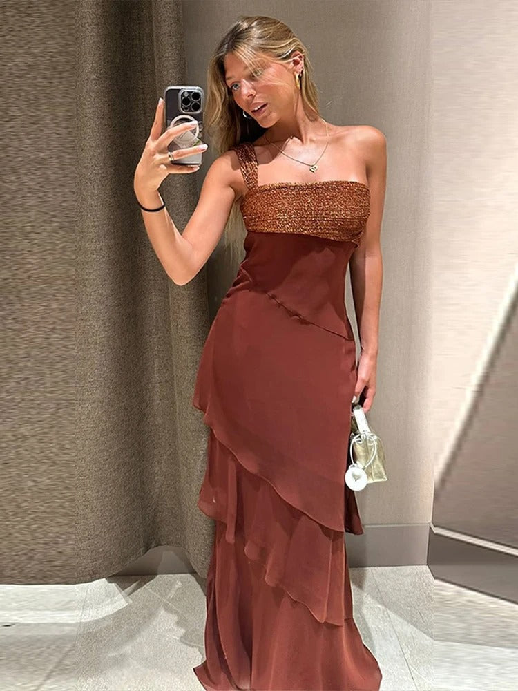 Marina Vestido Maxi Palabra de Honor con Falda de Volantes