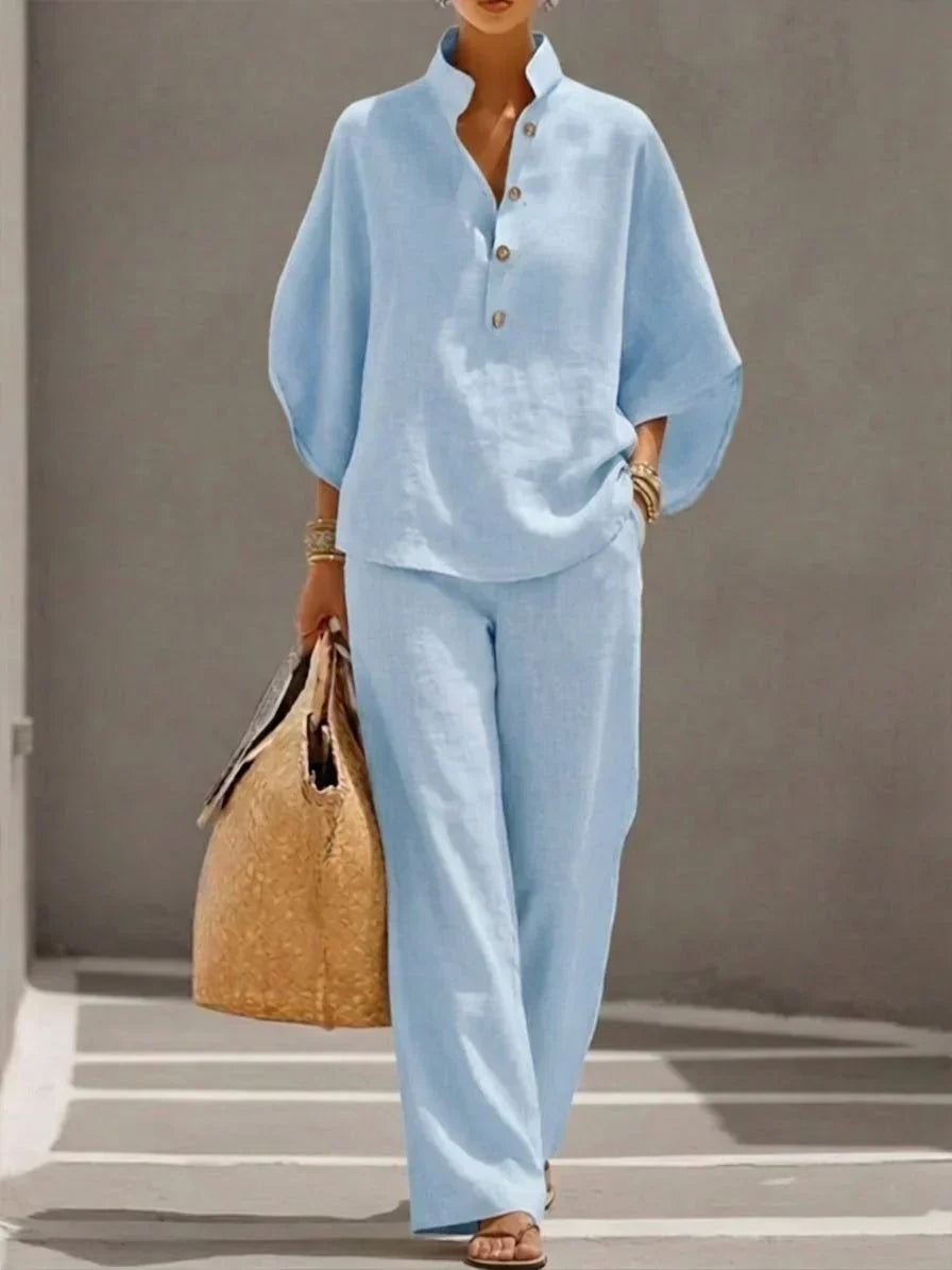 Vila Conjunto con Blusa de Mangas Murciélago y Pantalón de Pernera Ancha