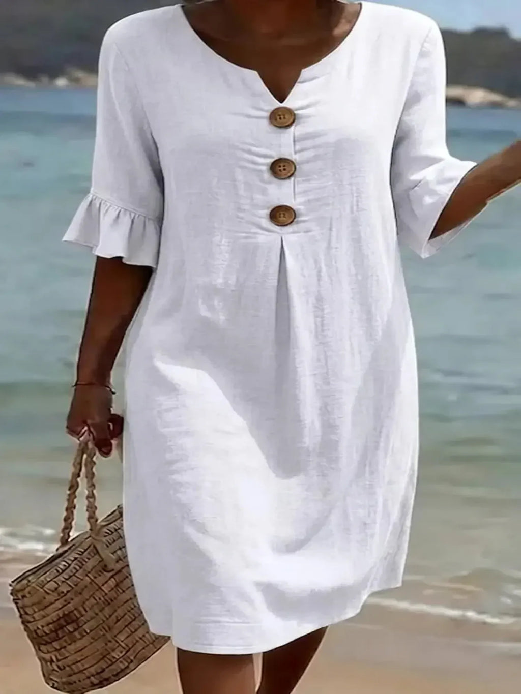 Vestido Texturizado con Mangas Abullonadas y Botones