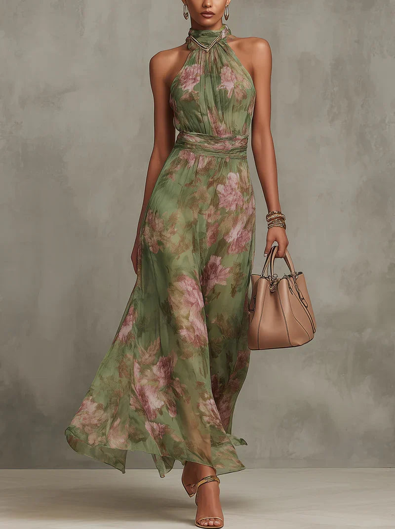 Vestido Maxi Halter Floral Verde de Gasa
