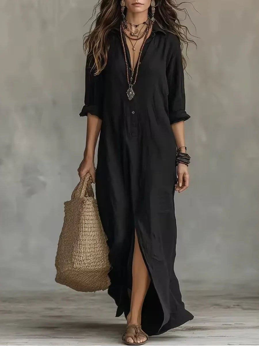 Vestido Largo Negro Holgado con Botones